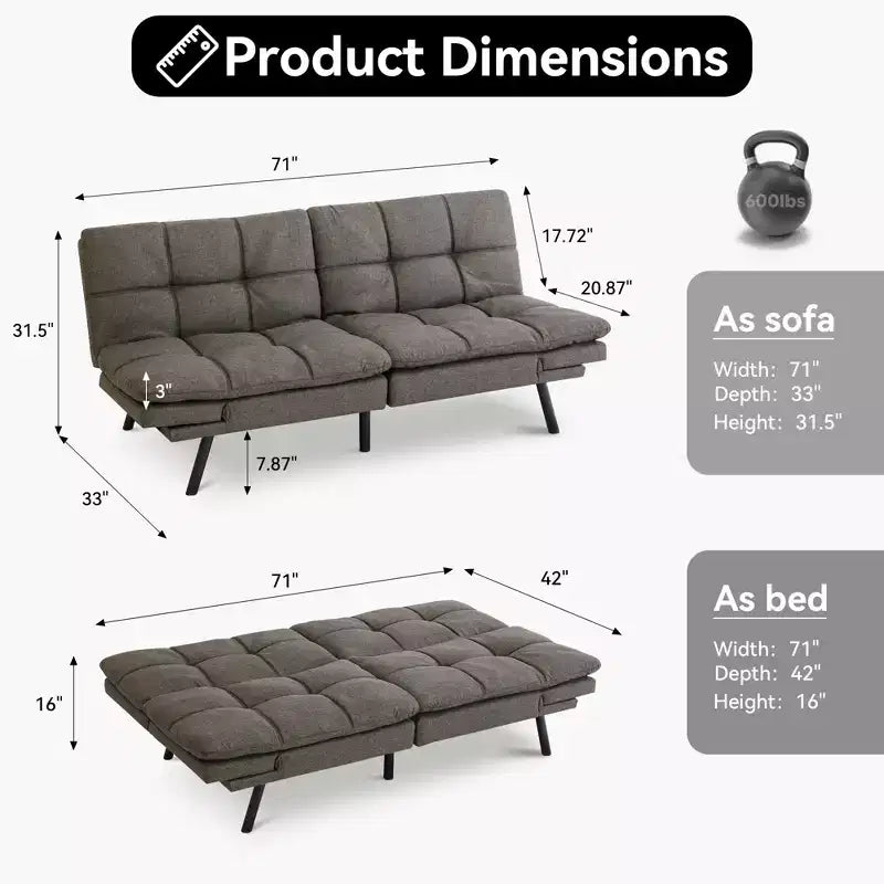 Dyonery 71 Convertible Futon Sofa Bed,Modern Linen Futon Couch with Detachable Cushion,Adjustable Backrest & Armrest