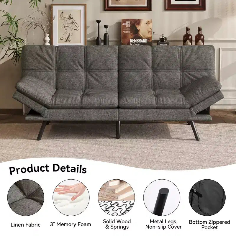 Dyonery 71 Convertible Futon Sofa Bed,Modern Linen Futon Couch with Detachable Cushion,Adjustable Backrest & Armrest