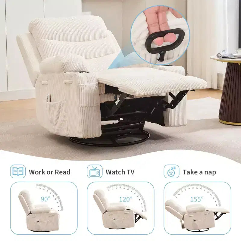 Recliner Chair Nursery, Manual Reclining Rocking Chair, 360 Swivel Glider with Cup Holder, Massage and Heat Recliner, Indoor Single Sofa Chairs