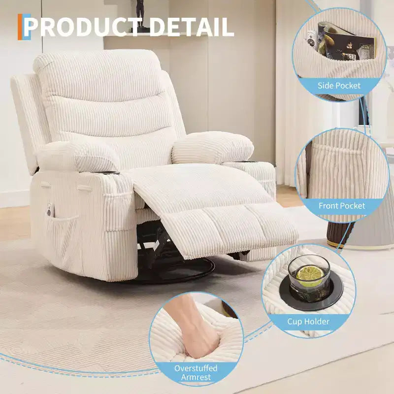 Recliner Chair Nursery, Manual Reclining Rocking Chair, 360 Swivel Glider with Cup Holder, Massage and Heat Recliner, Indoor Single Sofa Chairs