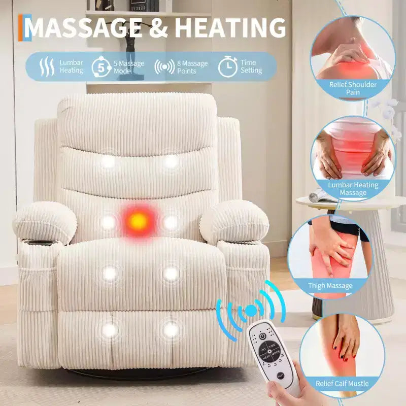 Recliner Chair Nursery, Manual Reclining Rocking Chair, 360 Swivel Glider with Cup Holder, Massage and Heat Recliner, Indoor Single Sofa Chairs