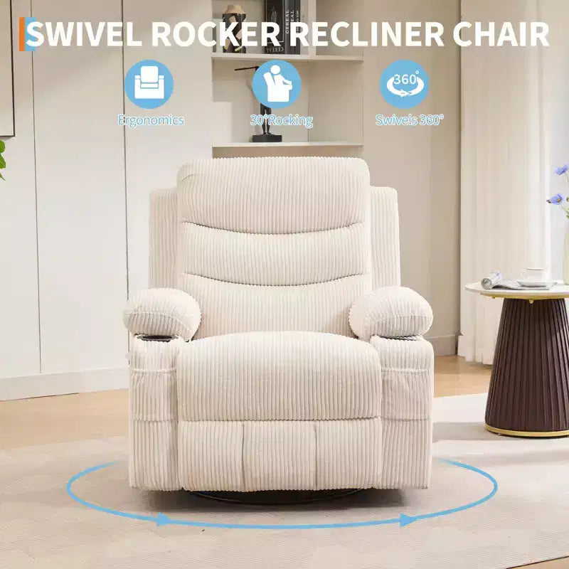 Recliner Chair Nursery, Manual Reclining Rocking Chair, 360 Swivel Glider with Cup Holder, Massage and Heat Recliner, Indoor Single Sofa Chairs