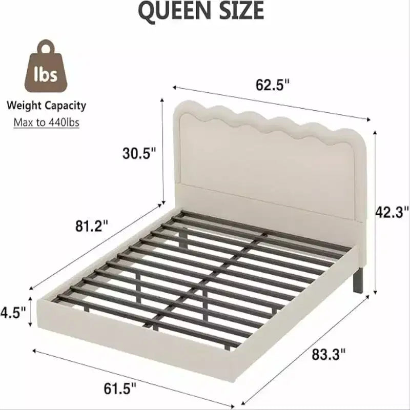 Dyonery Queen Size Boucle Bed Frame with LED Lights, Floating Bed Frame with Waved Headboard & Sturdy Metal Frame, Noise-Free?beige