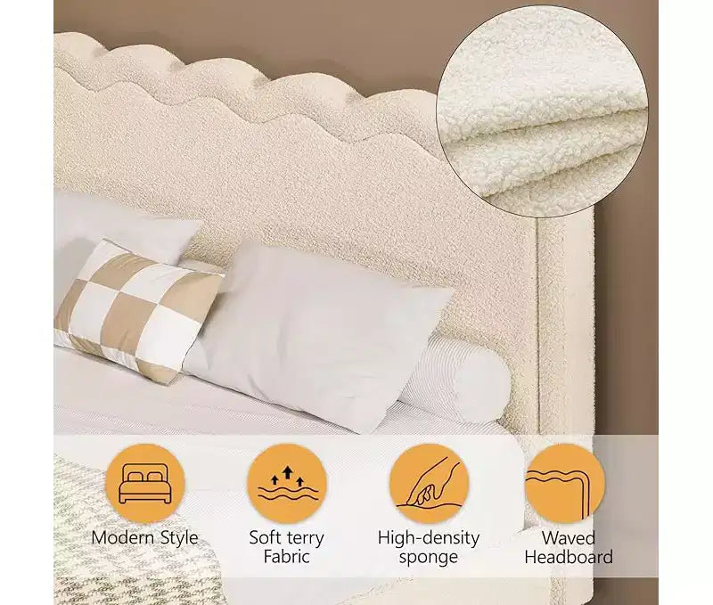 Dyonery Queen Size Boucle Bed Frame with LED Lights, Floating Bed Frame with Waved Headboard & Sturdy Metal Frame, Noise-Free?beige