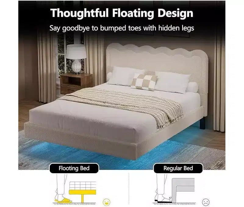 Dyonery Queen Size Boucle Bed Frame with LED Lights, Floating Bed Frame with Waved Headboard & Sturdy Metal Frame, Noise-Free?beige