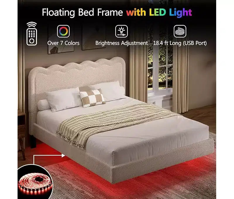 Dyonery Queen Size Boucle Bed Frame with LED Lights, Floating Bed Frame with Waved Headboard & Sturdy Metal Frame, Noise-Free?beige