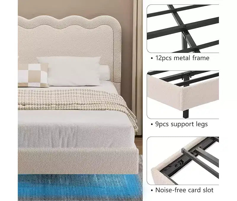 Dyonery Queen Size Boucle Bed Frame with LED Lights, Floating Bed Frame with Waved Headboard & Sturdy Metal Frame, Noise-Free?beige