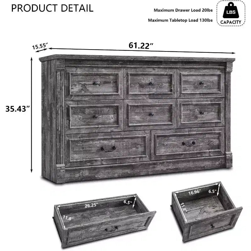 Mastgoal 61 Farmhouse Dresser with 8 Drawers, Rustic Wood Closet Storage with Roman Column for Bedroom
