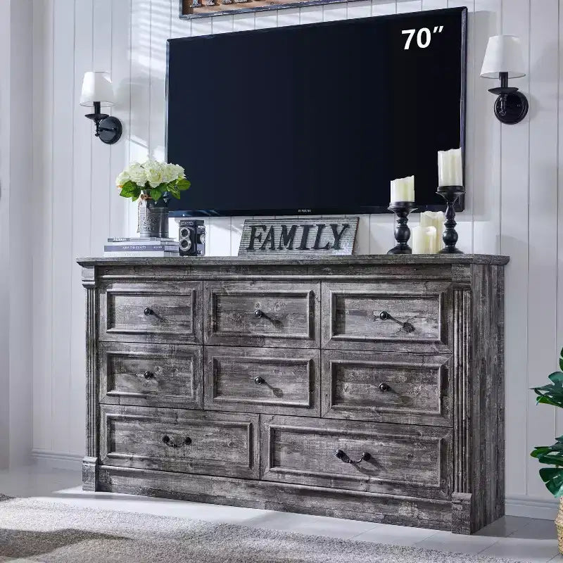 Mastgoal 61 Farmhouse Dresser with 8 Drawers, Rustic Wood Closet Storage with Roman Column for Bedroom