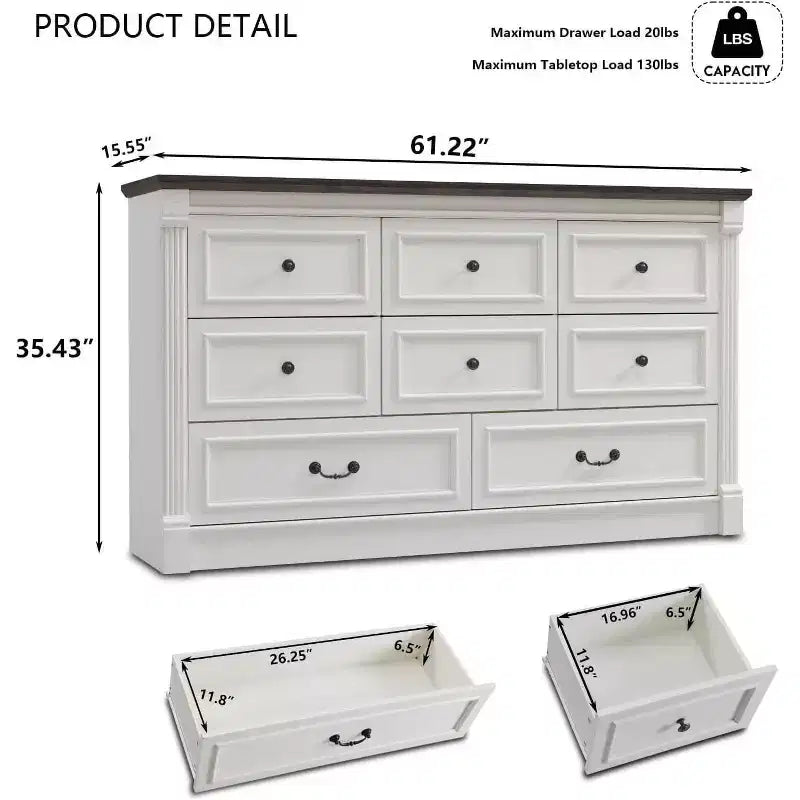 Mastgoal 61 Farmhouse Dresser with 8 Drawers, Rustic Wood Closet Storage with Roman Column for Bedroom