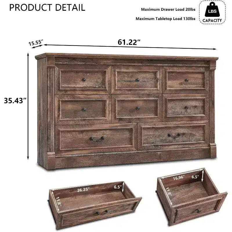 Mastgoal 61 Farmhouse Dresser with 8 Drawers, Rustic Wood Closet Storage with Roman Column for Bedroom