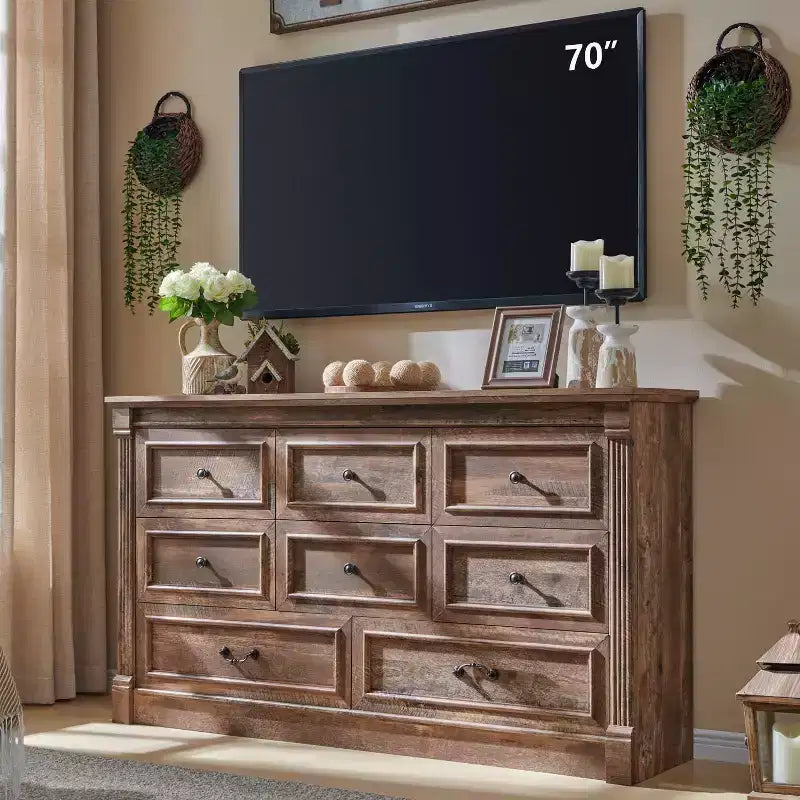 Mastgoal 61 Farmhouse Dresser with 8 Drawers, Rustic Wood Closet Storage with Roman Column for Bedroom