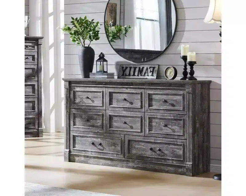 Mastgoal 61 Farmhouse Dresser with 8 Drawers, Rustic Wood Closet Storage with Roman Column for Bedroom