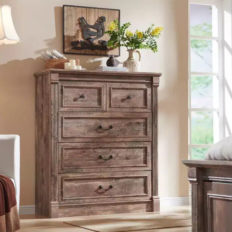 Mastgoal 46 Farmhouse Dresser with 5 Drawers, Rustic Wood Closet Storage with Roman Column for Bedroom