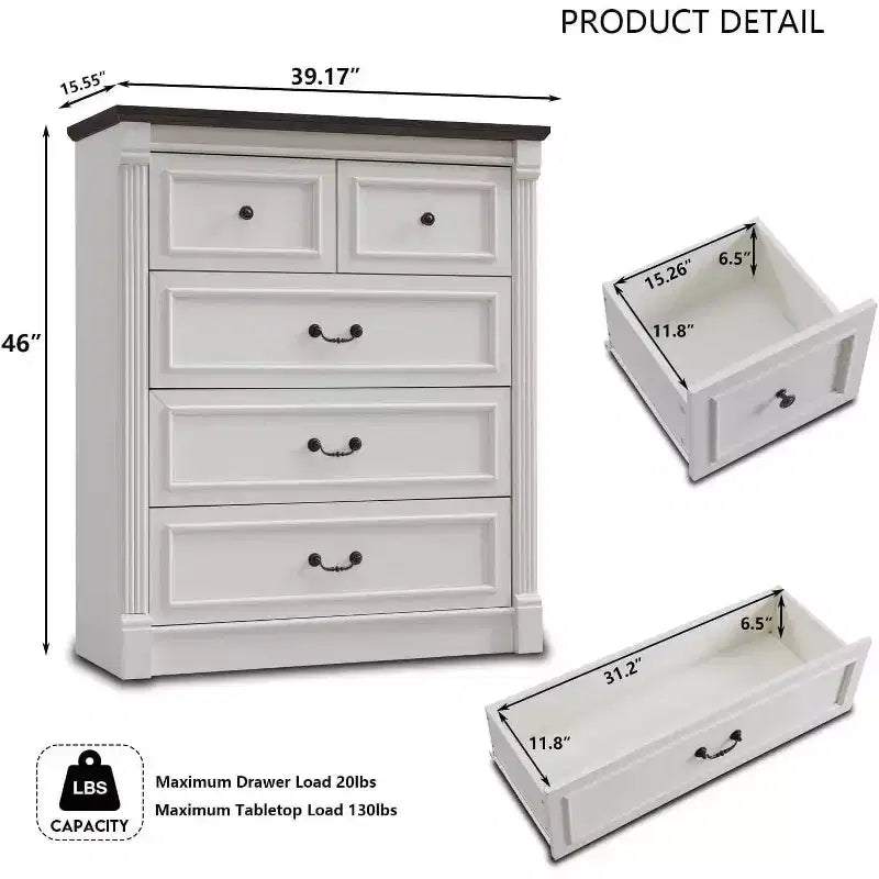 Mastgoal 46 Farmhouse Dresser with 5 Drawers, Rustic Wood Closet Storage with Roman Column for Bedroom