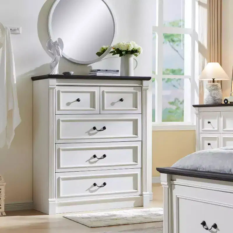 Mastgoal 46 Farmhouse Dresser with 5 Drawers, Rustic Wood Closet Storage with Roman Column for Bedroom
