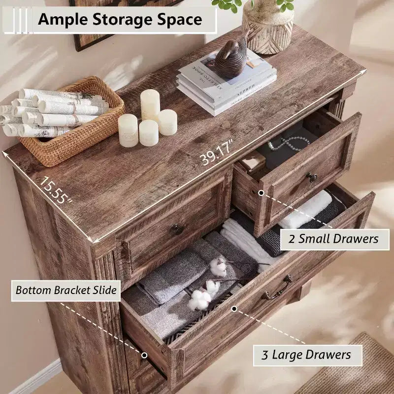 Mastgoal 46 Farmhouse Dresser with 5 Drawers, Rustic Wood Closet Storage with Roman Column for Bedroom