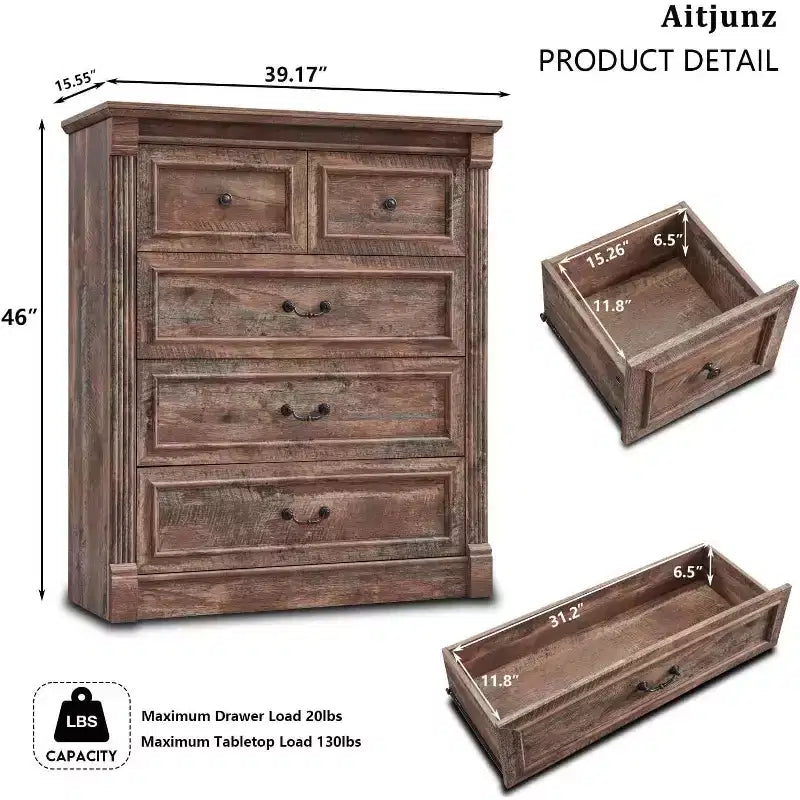 Mastgoal 46 Farmhouse Dresser with 5 Drawers, Rustic Wood Closet Storage with Roman Column for Bedroom