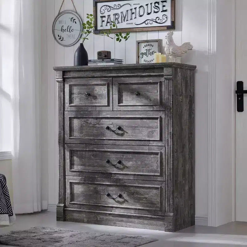 Mastgoal 46 Farmhouse Dresser with 5 Drawers, Rustic Wood Closet Storage with Roman Column for Bedroom