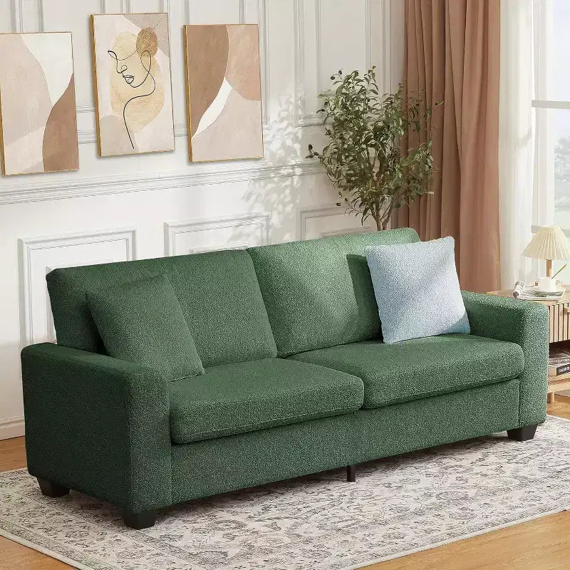 Seater Sofa, Deep Seat Couch with Wide Armrest, Removable Washable Cushions, Cozy Boucl for Living Room, Green