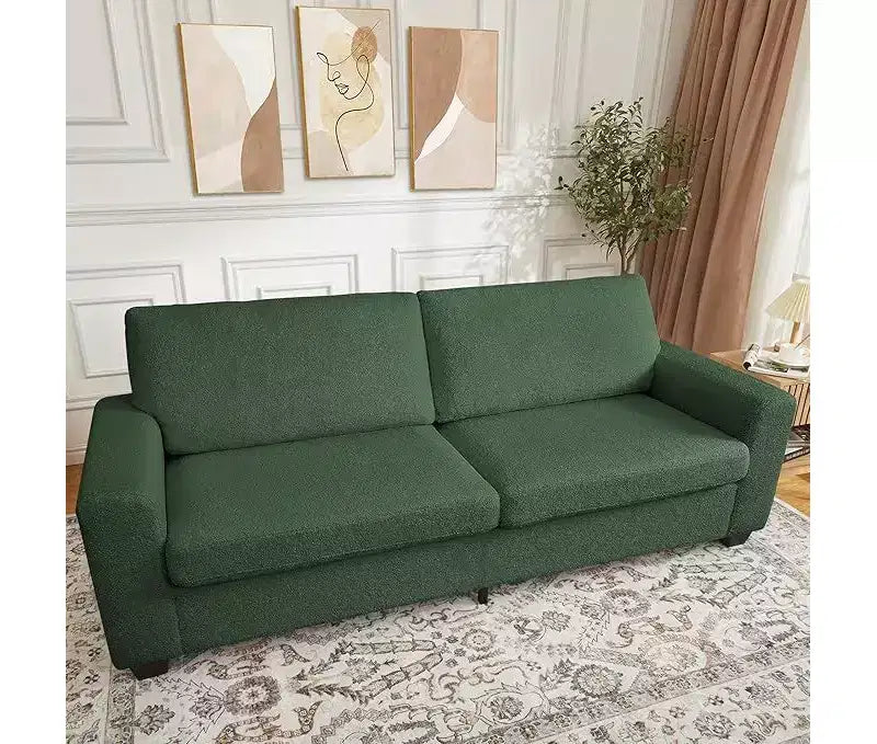 Seater Sofa, Deep Seat Couch with Wide Armrest, Removable Washable Cushions, Cozy Boucl for Living Room, Green
