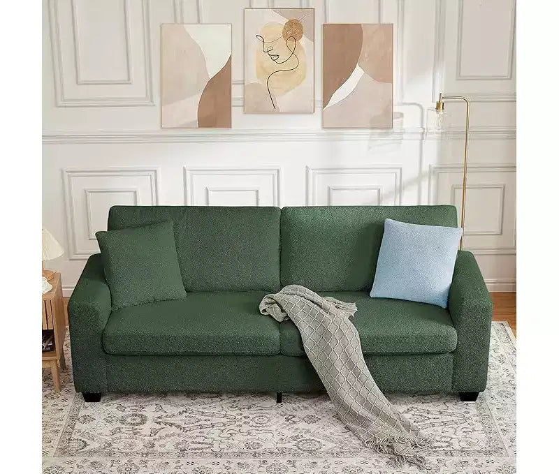 Seater Sofa, Deep Seat Couch with Wide Armrest, Removable Washable Cushions, Cozy Boucl for Living Room, Green