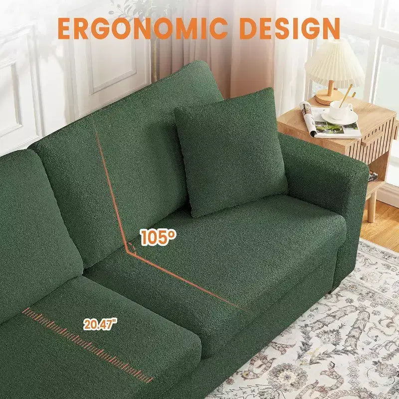 Seater Sofa, Deep Seat Couch with Wide Armrest, Removable Washable Cushions, Cozy Boucl for Living Room, Green