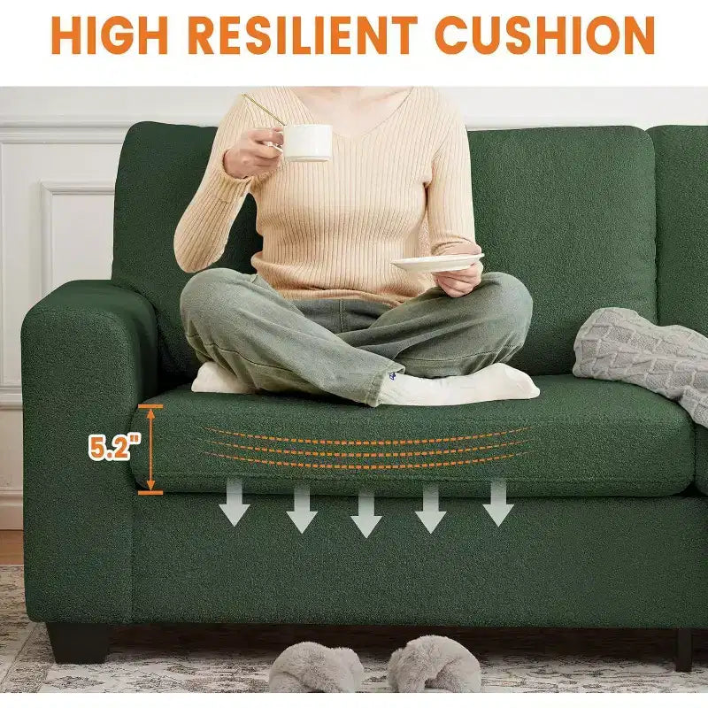 Seater Sofa, Deep Seat Couch with Wide Armrest, Removable Washable Cushions, Cozy Boucl for Living Room, Green
