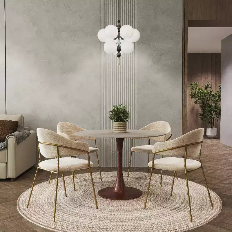 LeisureMod Bristol 35 Round Dining Table with Sintered Stone Top and Walnut Steel Pedestal Base for Modern Kitchen and Dining Room