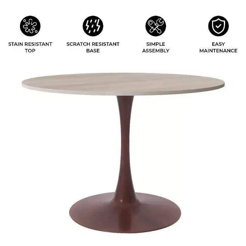 LeisureMod Bristol 35 Round Dining Table with Sintered Stone Top and Walnut Steel Pedestal Base for Modern Kitchen and Dining Room