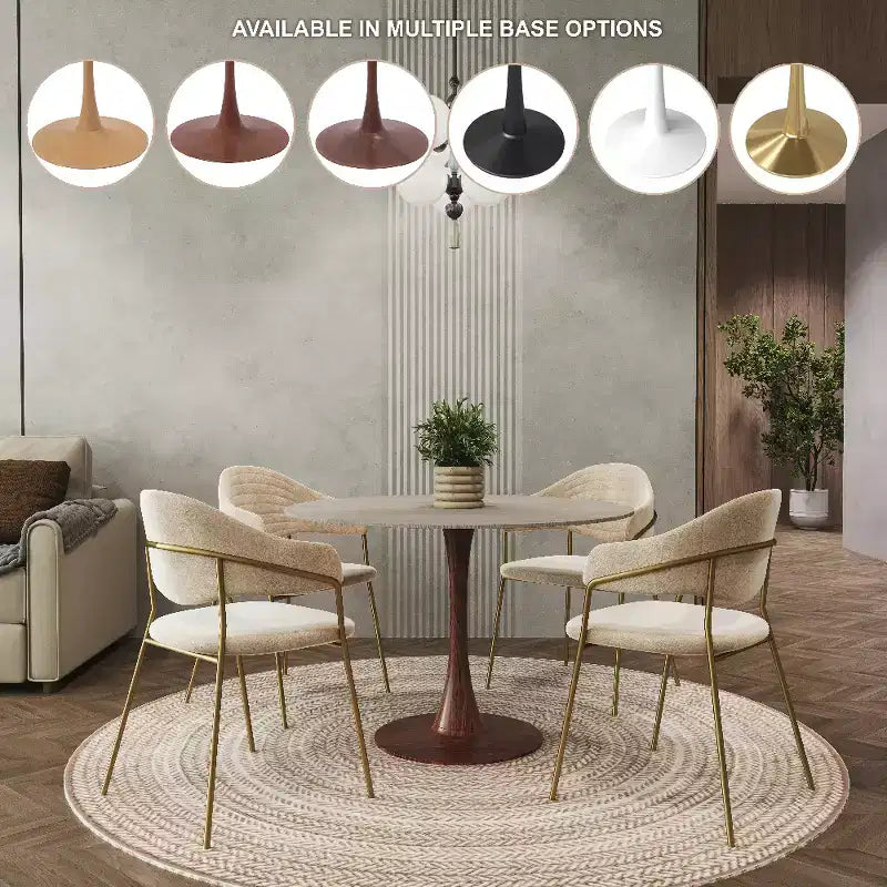 LeisureMod Bristol 35 Round Dining Table with Sintered Stone Top and Walnut Steel Pedestal Base for Modern Kitchen and Dining Room