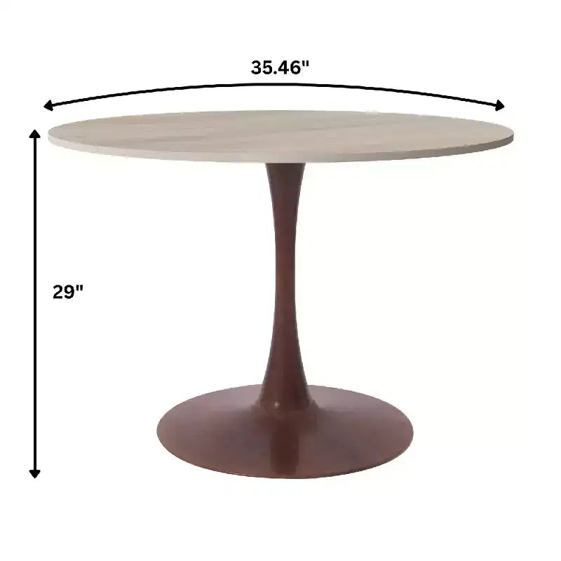 LeisureMod Bristol 35 Round Dining Table with Sintered Stone Top and Walnut Steel Pedestal Base for Modern Kitchen and Dining Room