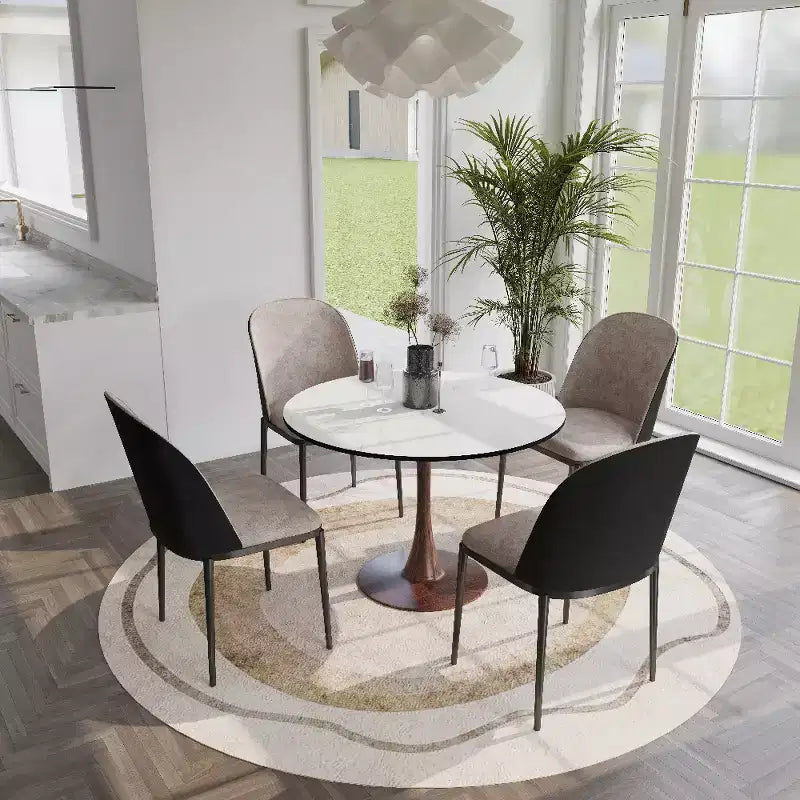 LeisureMod Bristol 35 Round Dining Table with Sintered Stone Top and Walnut Steel Pedestal Base for Modern Kitchen and Dining Room