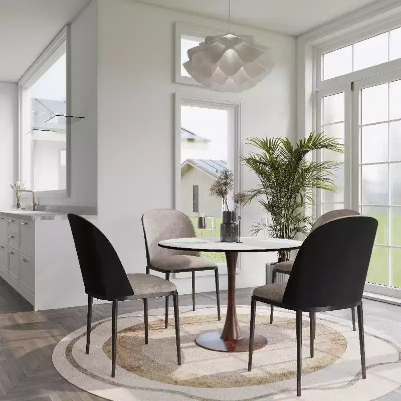 LeisureMod Bristol 35 Round Dining Table with Sintered Stone Top and Walnut Steel Pedestal Base for Modern Kitchen and Dining Room