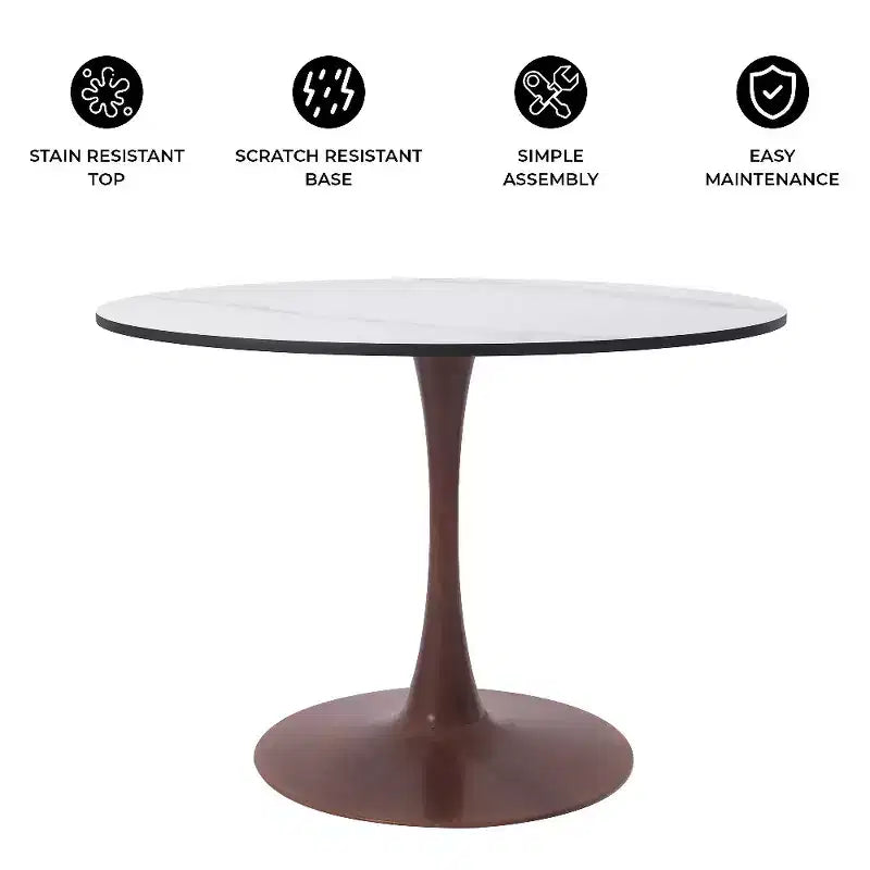 LeisureMod Bristol 35 Round Dining Table with Sintered Stone Top and Walnut Steel Pedestal Base for Modern Kitchen and Dining Room