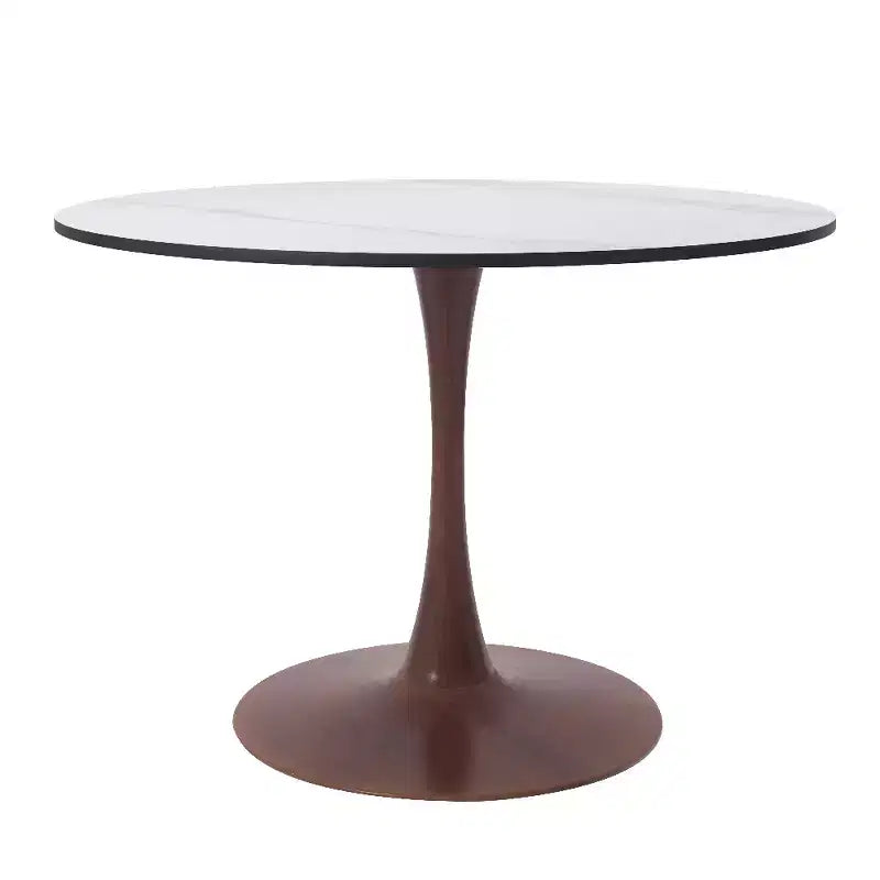 LeisureMod Bristol 35 Round Dining Table with Sintered Stone Top and Walnut Steel Pedestal Base for Modern Kitchen and Dining Room