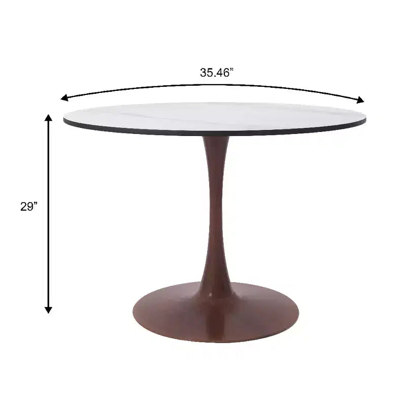 LeisureMod Bristol 35 Round Dining Table with Sintered Stone Top and Walnut Steel Pedestal Base for Modern Kitchen and Dining Room
