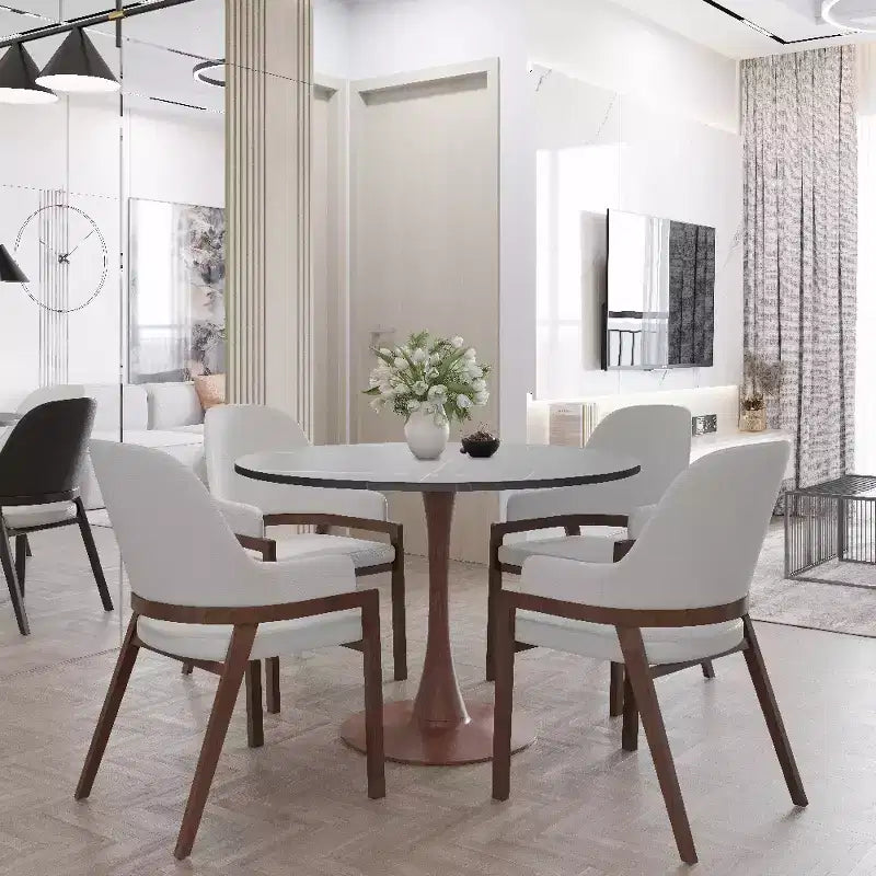 LeisureMod Bristol 35 Round Dining Table with Sintered Stone Top and Walnut Steel Pedestal Base for Modern Kitchen and Dining Room