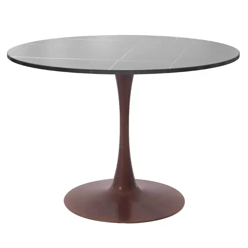 LeisureMod Bristol 35 Round Dining Table with Sintered Stone Top and Walnut Steel Pedestal Base for Modern Kitchen and Dining Room
