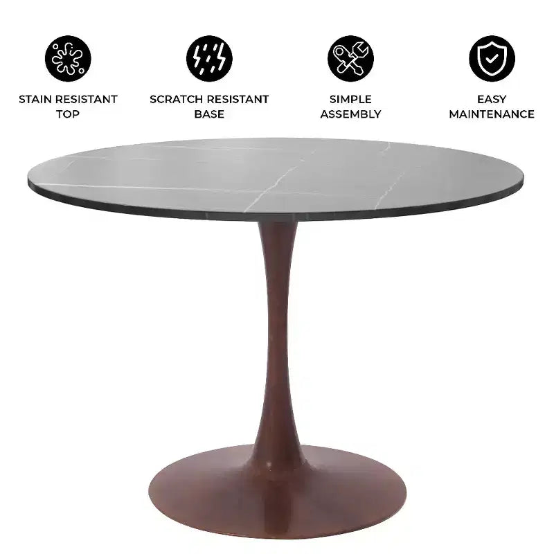 LeisureMod Bristol 35 Round Dining Table with Sintered Stone Top and Walnut Steel Pedestal Base for Modern Kitchen and Dining Room