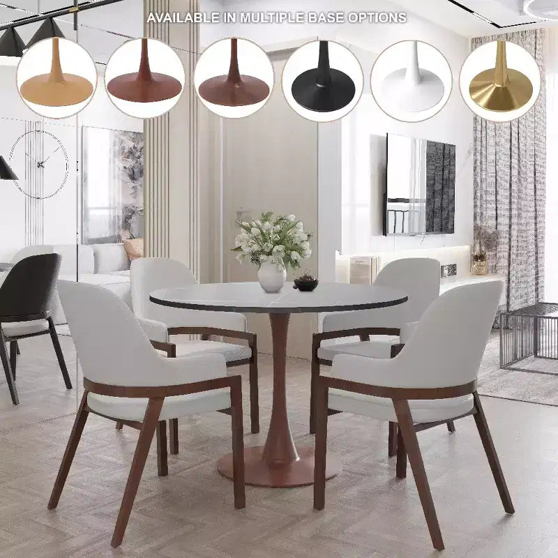 LeisureMod Bristol 35 Round Dining Table with Sintered Stone Top and Walnut Steel Pedestal Base for Modern Kitchen and Dining Room