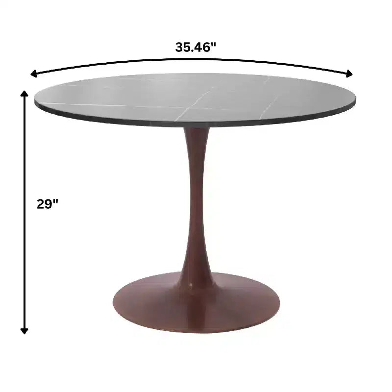 LeisureMod Bristol 35 Round Dining Table with Sintered Stone Top and Walnut Steel Pedestal Base for Modern Kitchen and Dining Room