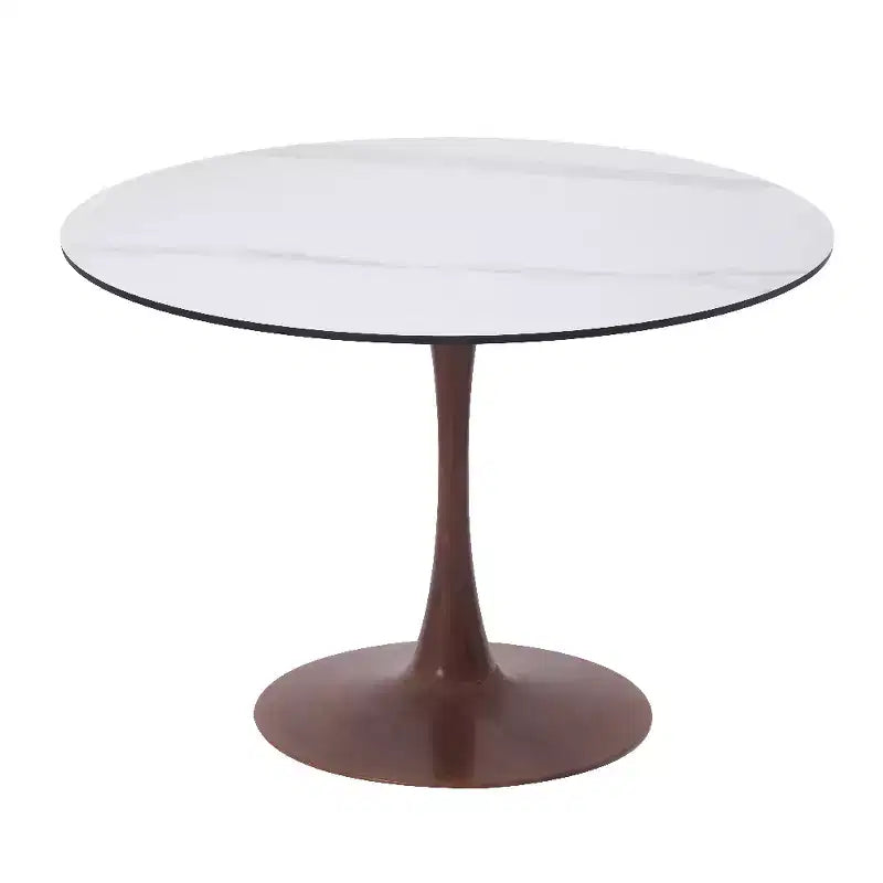 LeisureMod Bristol 35 Round Dining Table with Sintered Stone Top and Walnut Steel Pedestal Base for Modern Kitchen and Dining Room