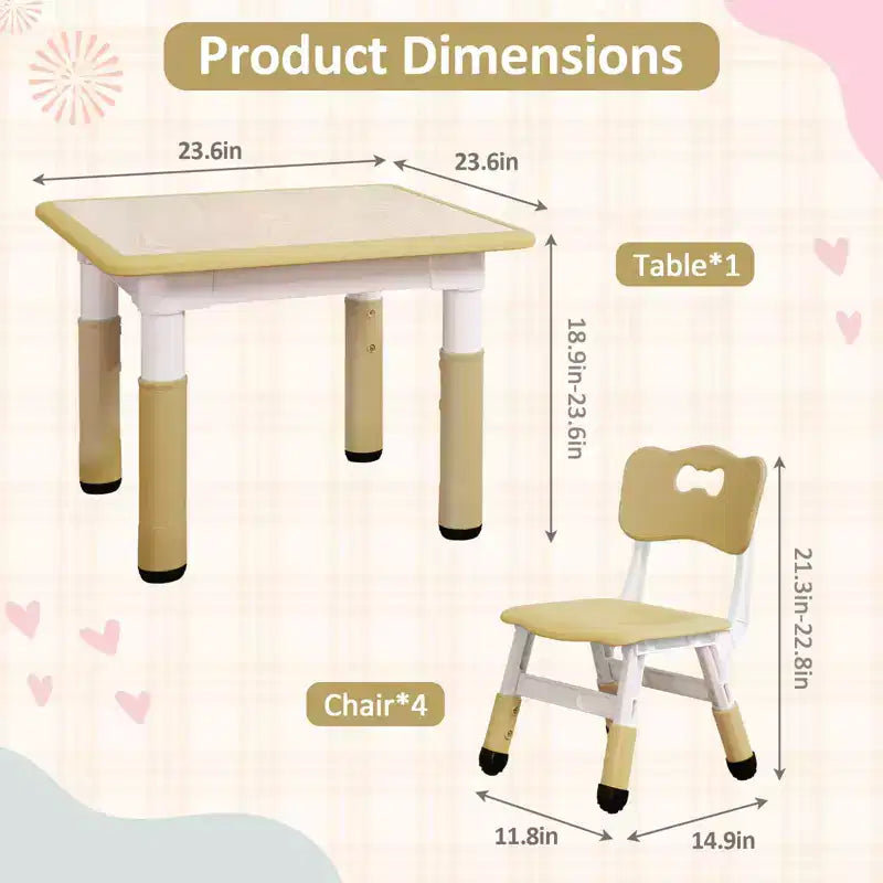 Table et Chaises pour Enfants - Table d'Activités Réglable en Hauteur (23") avec 4 Chaises, Bureau Artistique Effaçable pour la Maternelle et la Salle de Jeux (2-10 Ans)