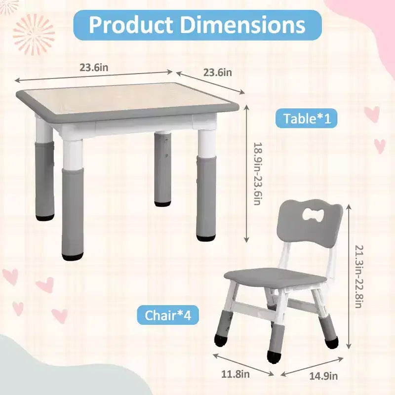 Table et Chaises pour Enfants - Table d'Activités Réglable en Hauteur (23") avec 4 Chaises, Bureau Artistique Effaçable pour la Maternelle et la Salle de Jeux (2-10 Ans)