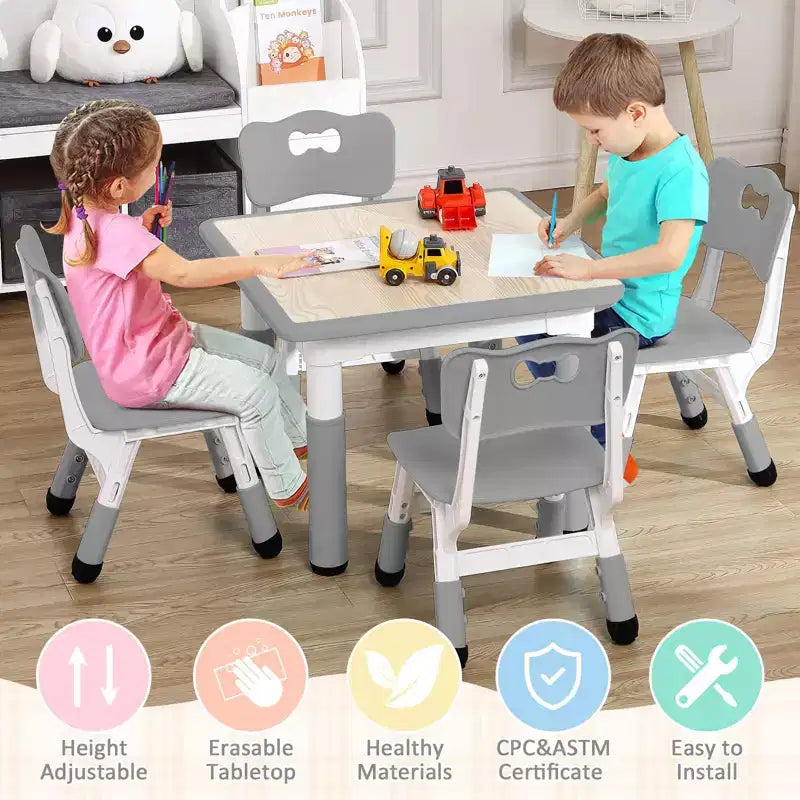 Kids Table and Chairs Set - 23 Height Adjustable Toddler Table with 4 Chairs, Erasable Art Desk for Preschool & Playroom (Ages 2-10)