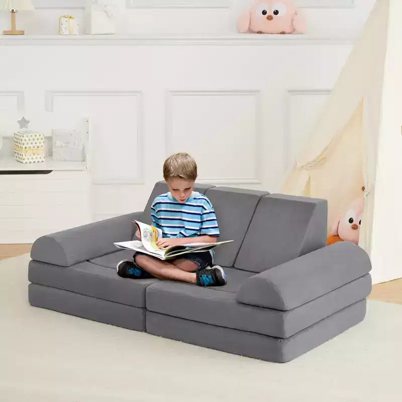 10Pcs Kids Play Couch, Soft Foam Sofa with Machine Washable Cover, Thick Cushion Fort Building Set for Indoor Playroom