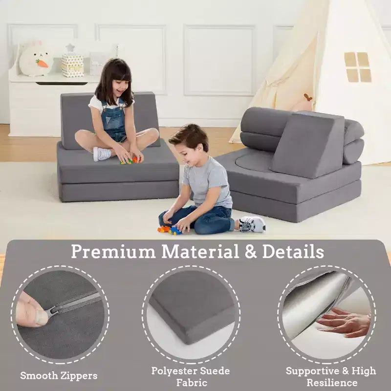 10Pcs Kids Play Couch, Soft Foam Sofa with Machine Washable Cover, Thick Cushion Fort Building Set for Indoor Playroom