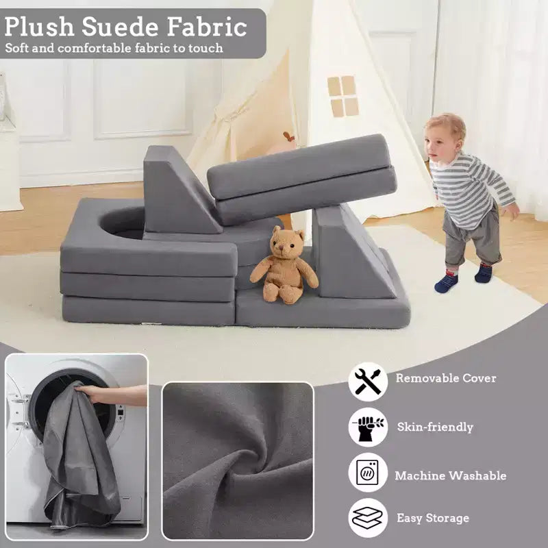 10Pcs Kids Play Couch, Soft Foam Sofa with Machine Washable Cover, Thick Cushion Fort Building Set for Indoor Playroom