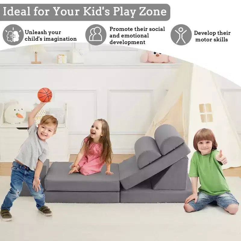 10Pcs Kids Play Couch, Soft Foam Sofa with Machine Washable Cover, Thick Cushion Fort Building Set for Indoor Playroom